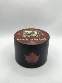 Maple Syrup Soy Candle in a black tin with maple leaf and farm label, hand poured in Wilton NH