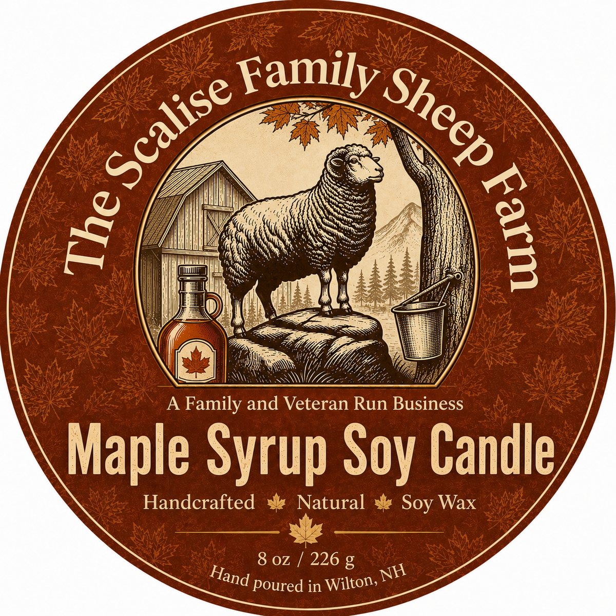Maple Syrup Soy Candle label artwork, The Scalise Family Sheep Farm