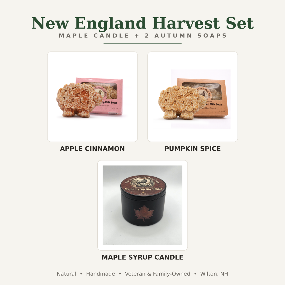 New England Harvest Set — Maple Candle, Apple Cinnamon & Pumpkin Spice Soaps
